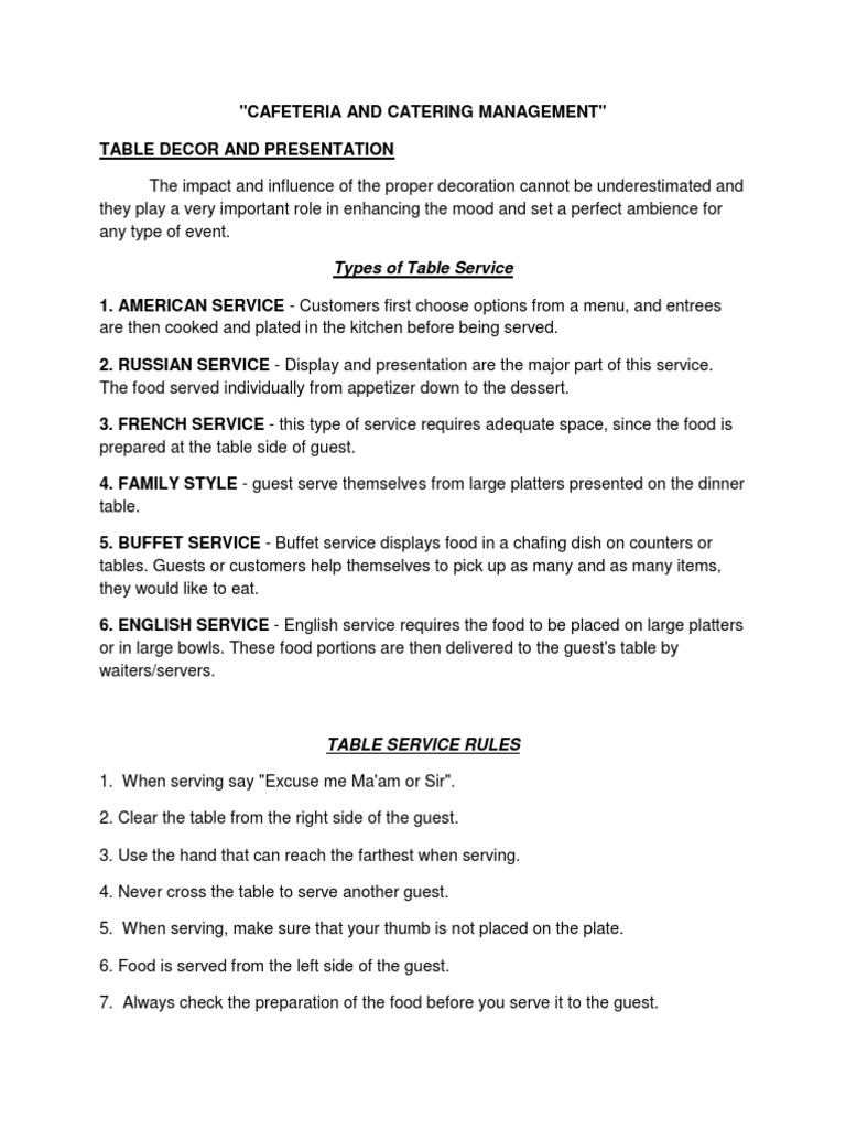 Cafeteria Catering: Table Service Guide | PDF | Lunch | Tableware