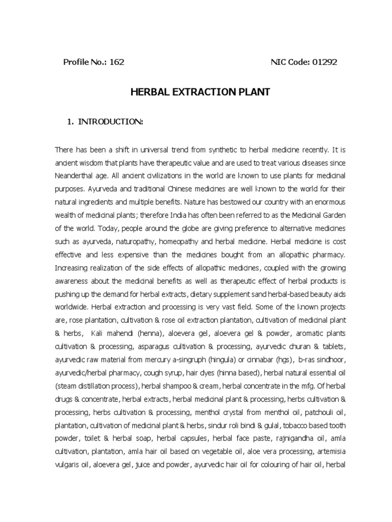 Herbal Extraction Plant Profile No. 162 NIC Code 01292 PDF