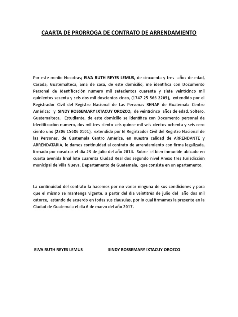 Carta de Prorroga de Contrato de Arrendamiento | PDF | Guatemala | Agitación