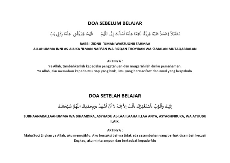 Doa Sebelum Dan Sesudah Belajar Zaina
