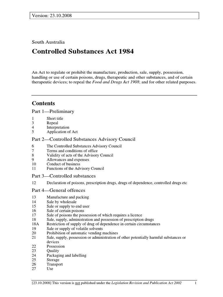 Controlled Substances Act 1984 PDF Medical Prescription Substance