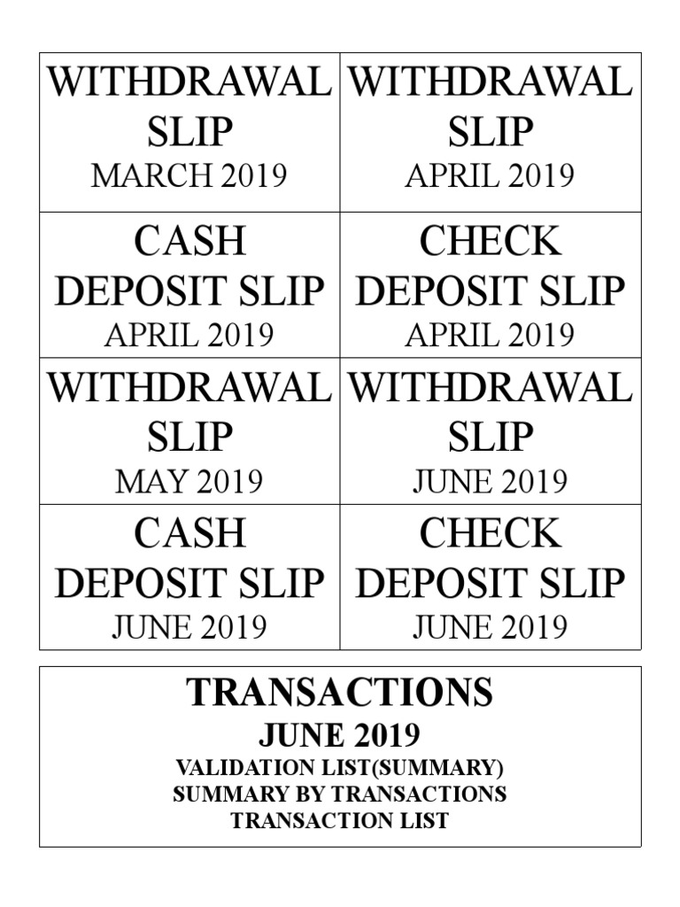 Withdrawal Slip Withdrawal Slip Cash Deposit Slip Check Deposit Slip