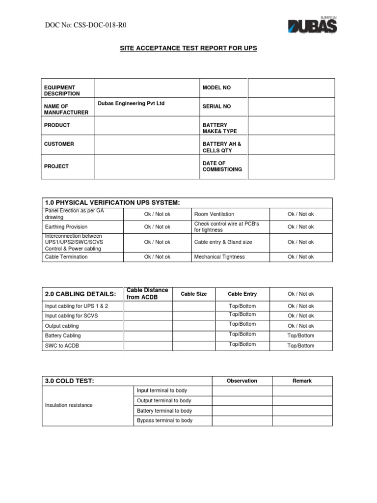 Site Acceptance Test Report For UPS Battery Charger Rechargeable