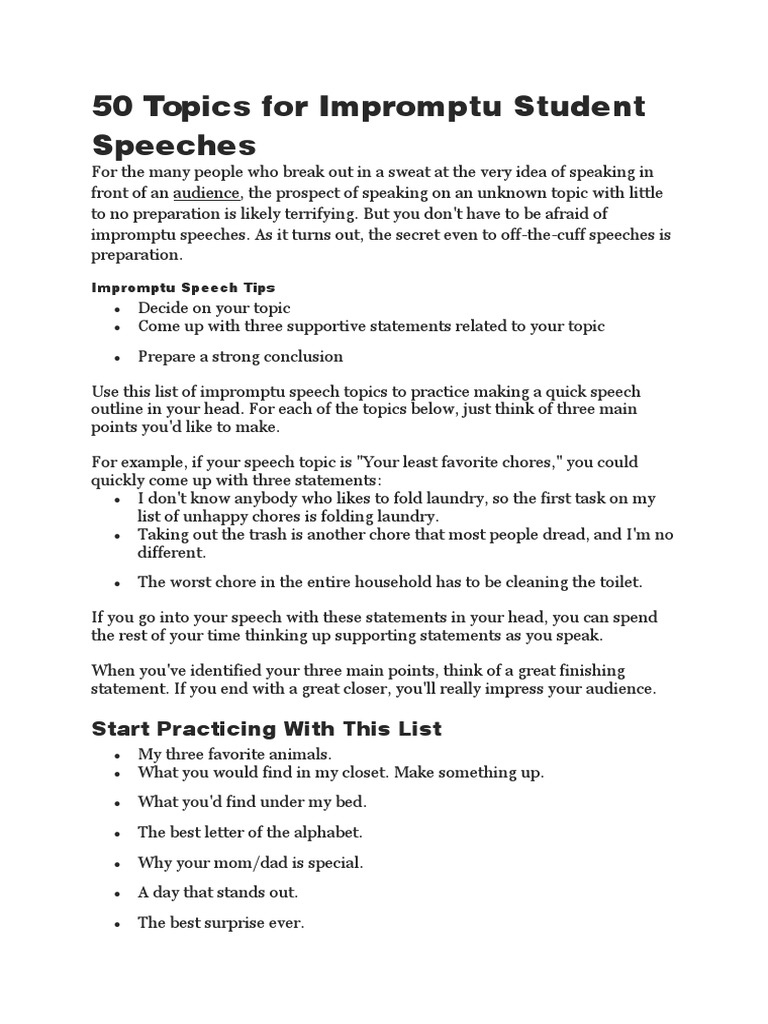 50 Topics For Impromptu Student Speeches | PDF