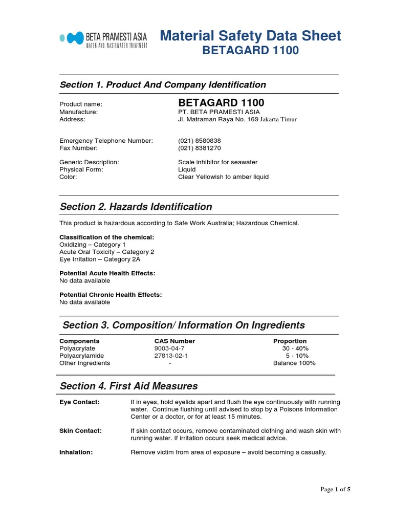 MSDS BETAGARD 1100 Scale Inhibitor For Seawater | PDF | Toxicity ...