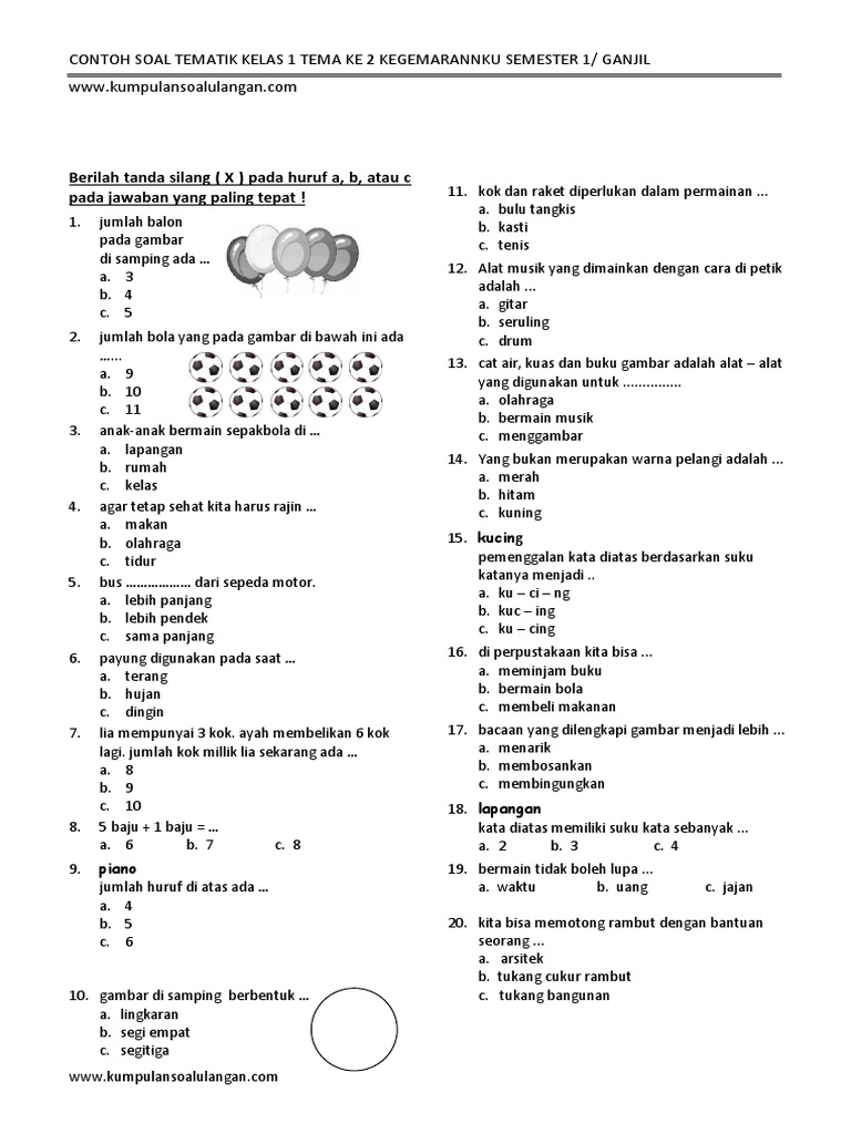 Soal Uts Tematik Kelas 1 Tema 2 Kegemarannku Semester 1 Pdf
