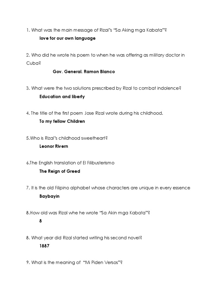 Rizal Questions | PDF | Philippines