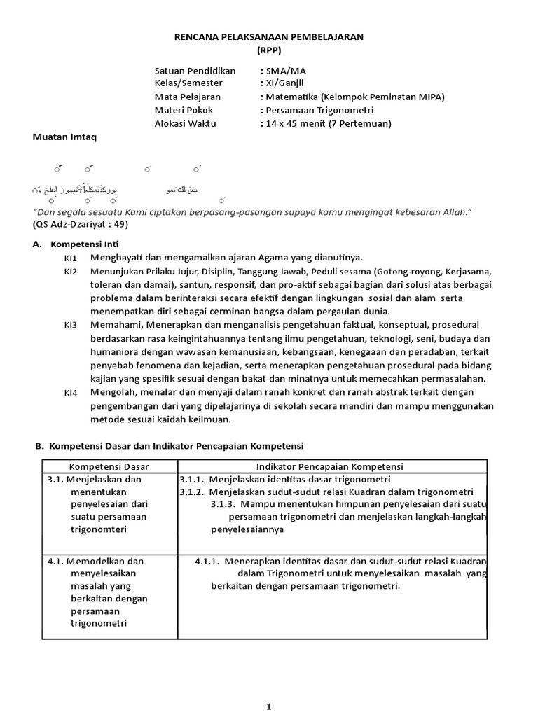 Rpp Persamaan Trigonometri Sma Matematika Peminatan Kelas Xi Pdf