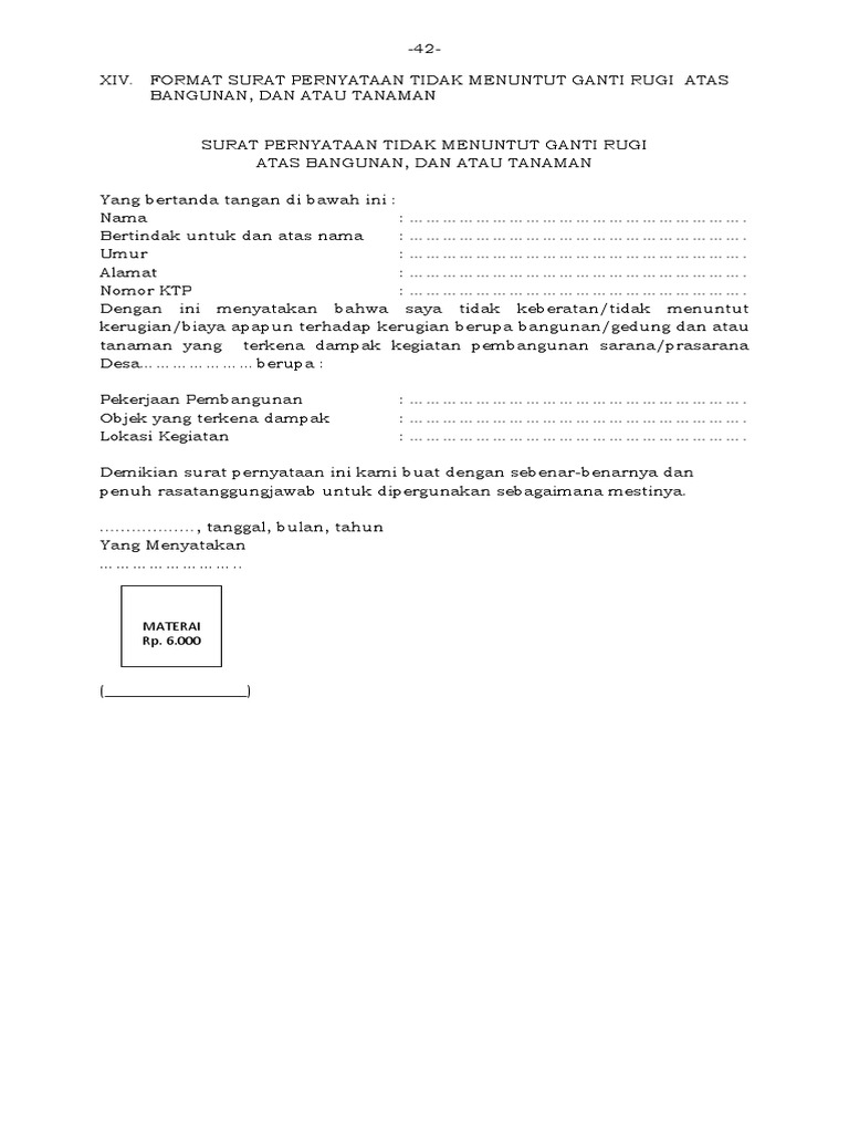 Surat Pernyataan Tidak Menuntut Ganti Rugi Docx
