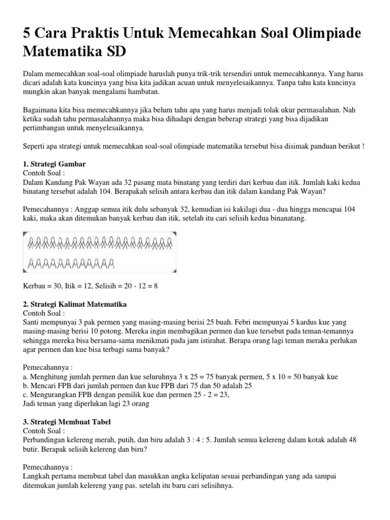 5 Cara Praktis Untuk Memecahkan Soal Olimpiade Matematika Sd Docx