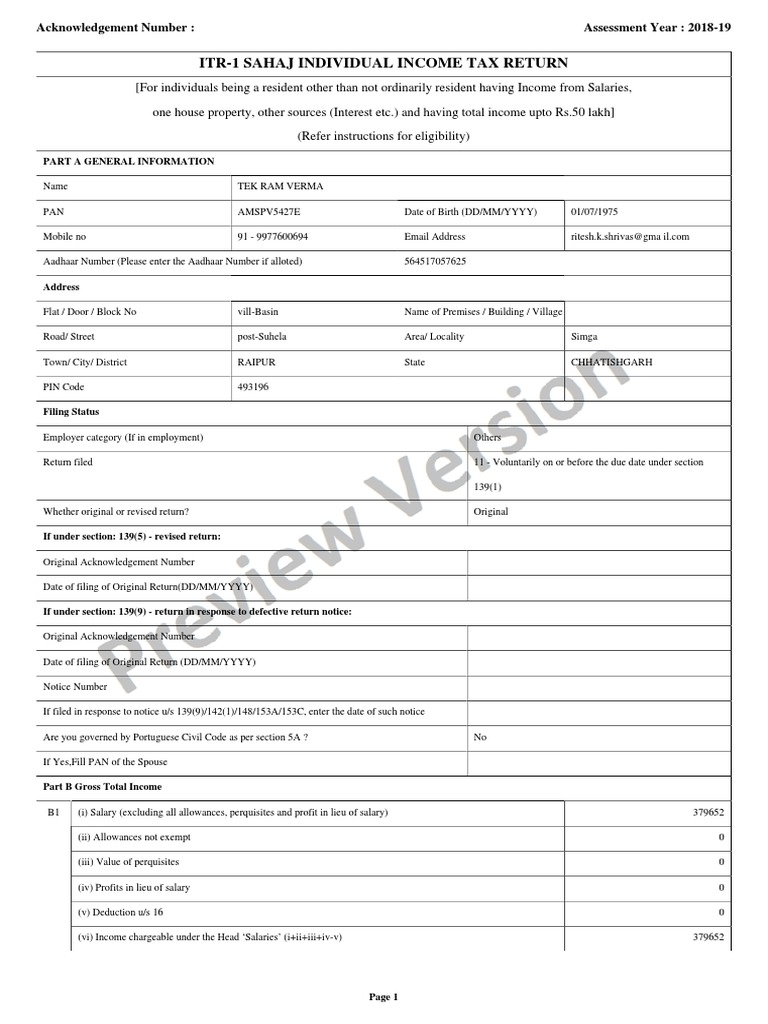Itr1 Sahaj Individual Tax Return Acknowledgement Number