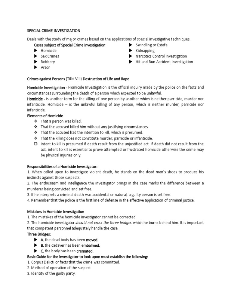 Special Crime Investigation Overview | PDF | Murder | Rape