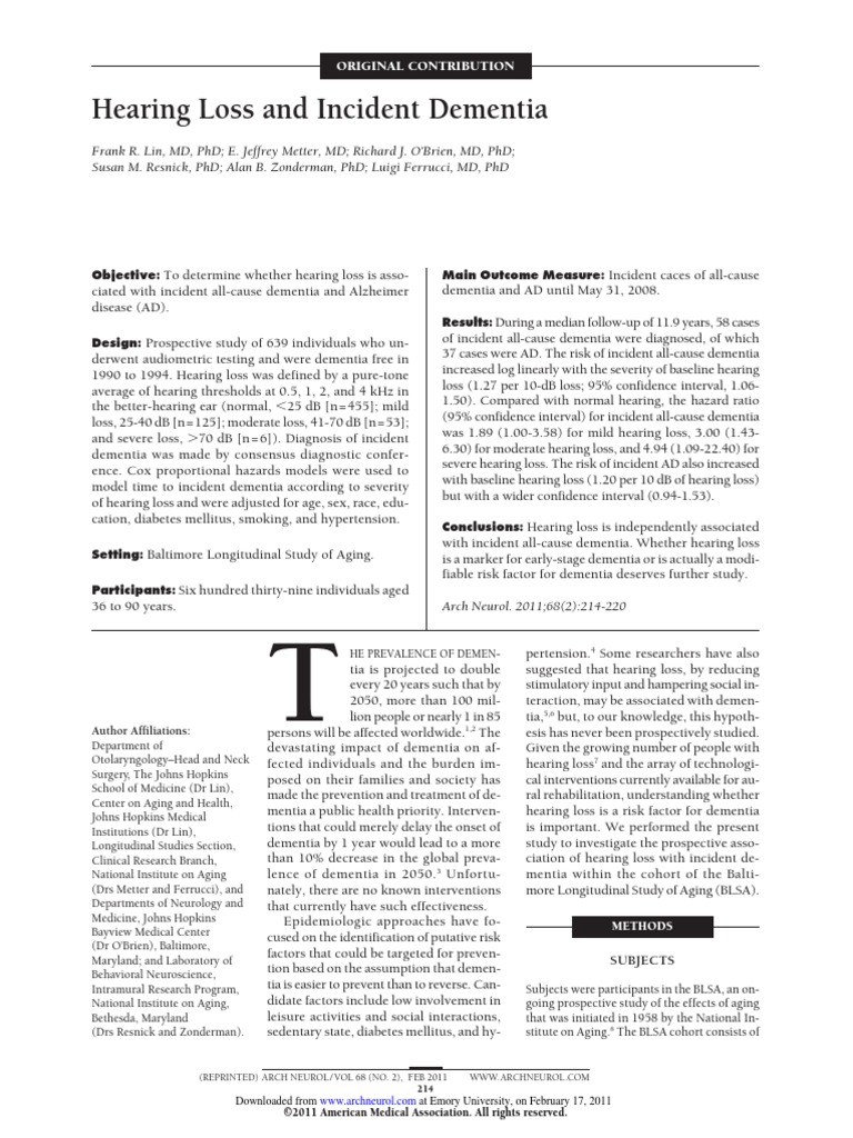 Hearing Loss and Dementia PDF Hearing Loss Dementia
