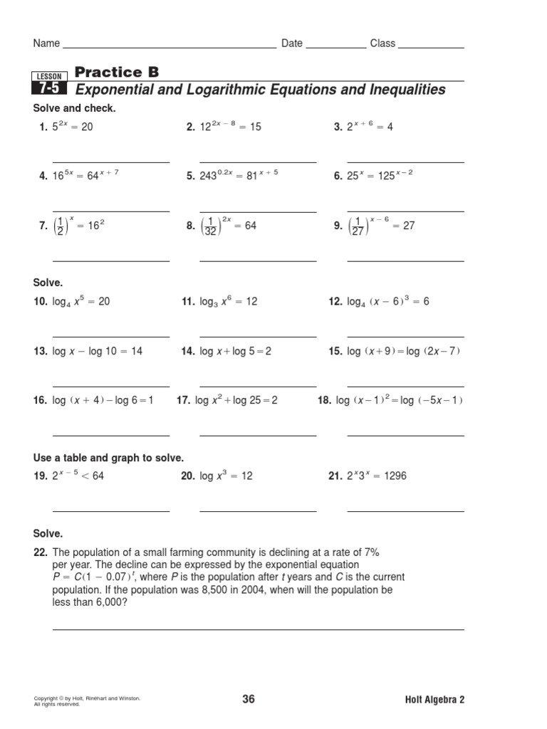 7 5 Practice B Logarithm Exponential Function