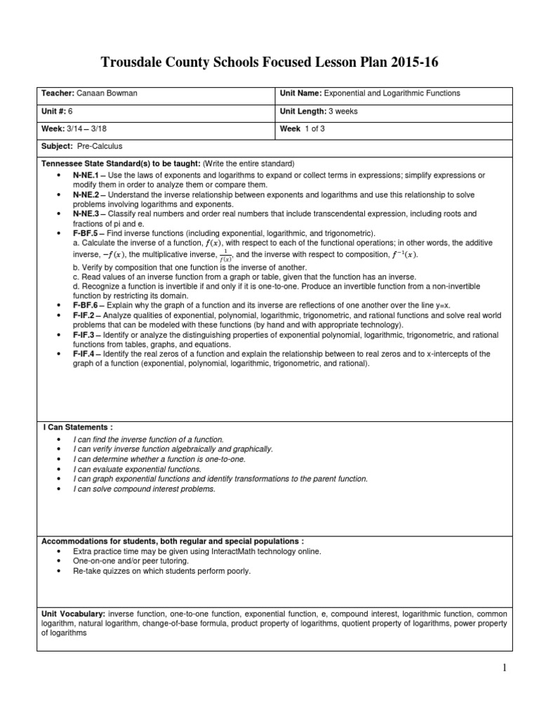 Exponential & Logarithmic Functions Plan | PDF | Function (Mathematics ...