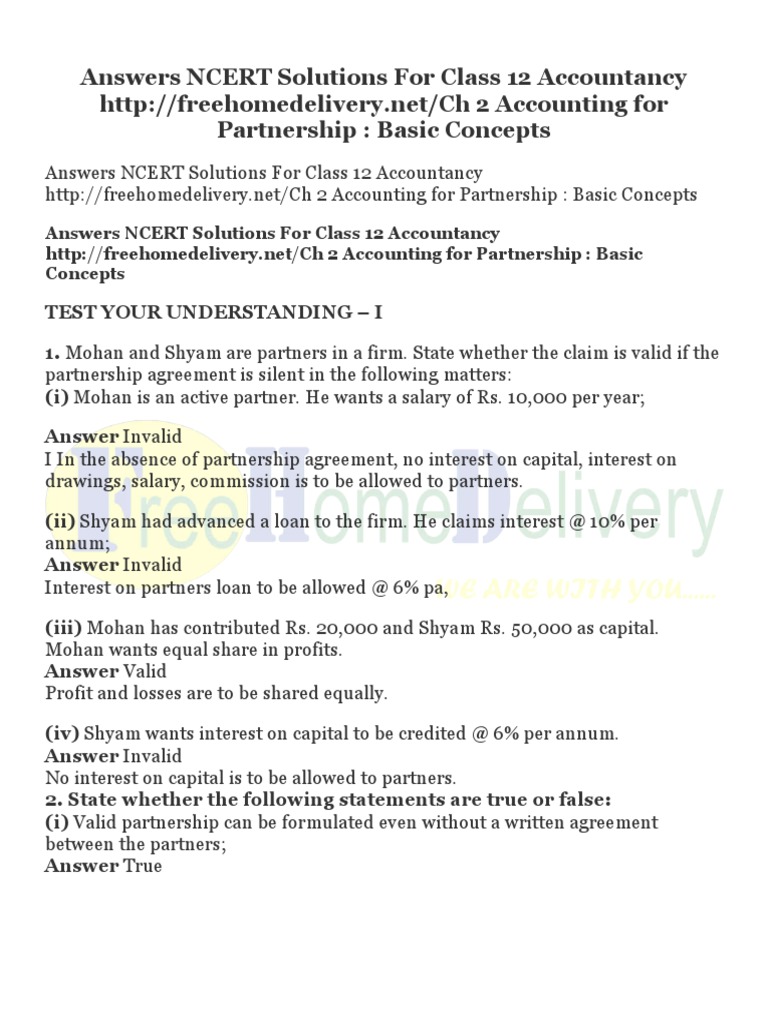 Answers Ncert Solutions For Class 12 Accountancy Freehomedelivery Net Pdf Partnership Interest