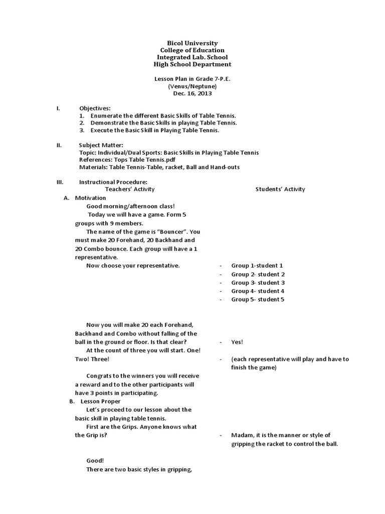 Lesson Plan PDF Table Tennis Racquet Sports