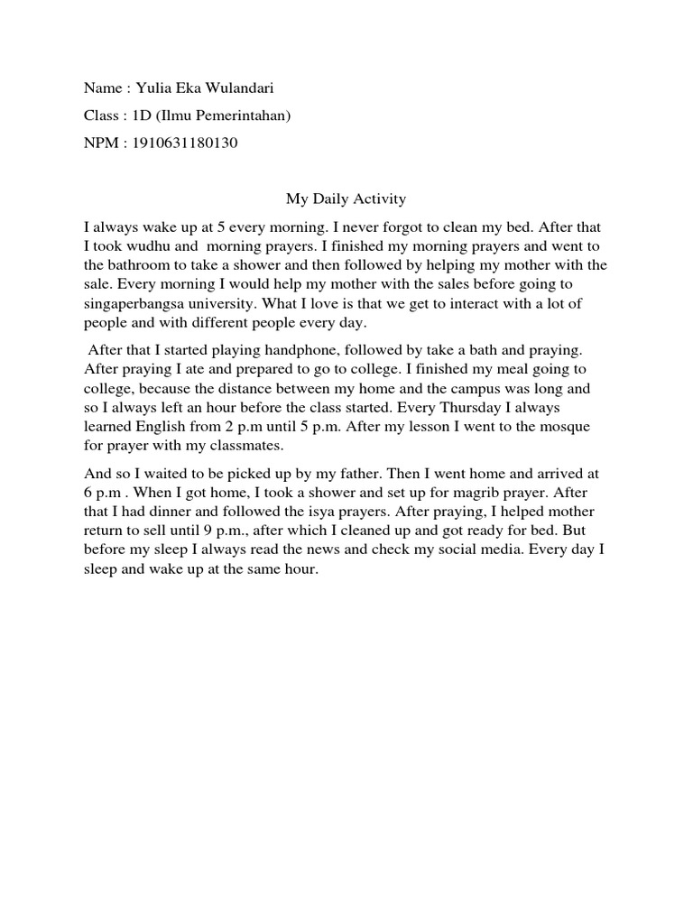Contoh Daily Activity | PDF | Language Arts & Discipline | Wellness