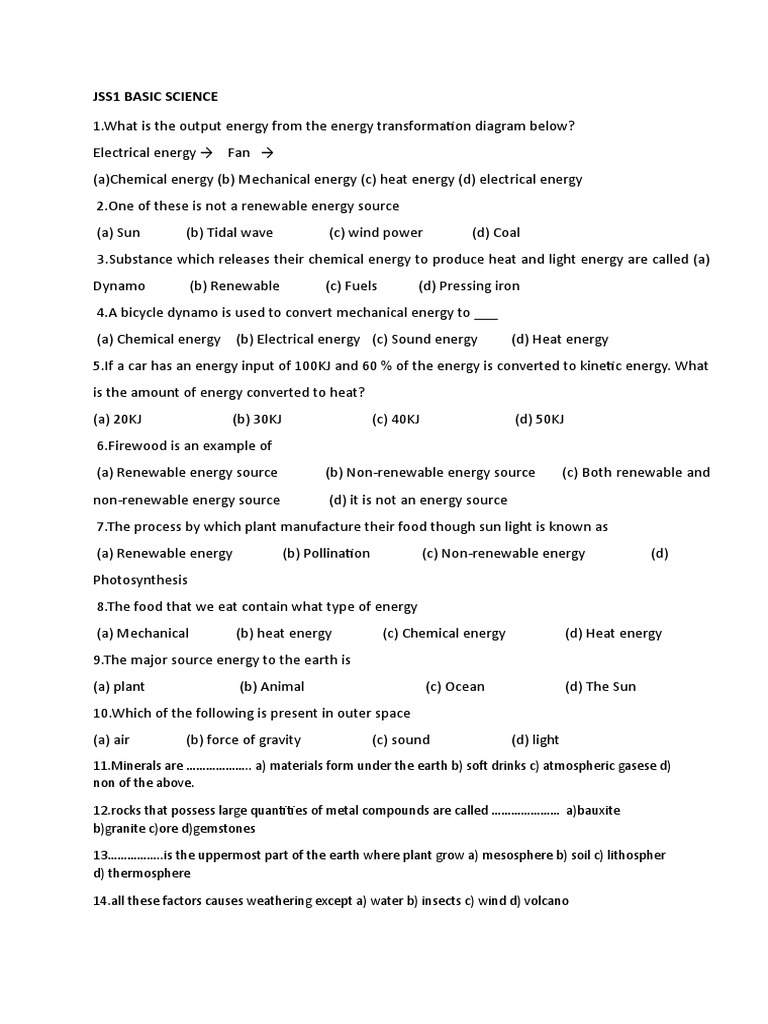 Jss1 Basic Science PDF Energy Development Renewable Resources