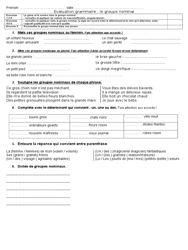 L accord Dans Le Groupe Nominal Exercices Corrigés Kloiuyt | PDF | Genre grammatical | Nombre grammatical