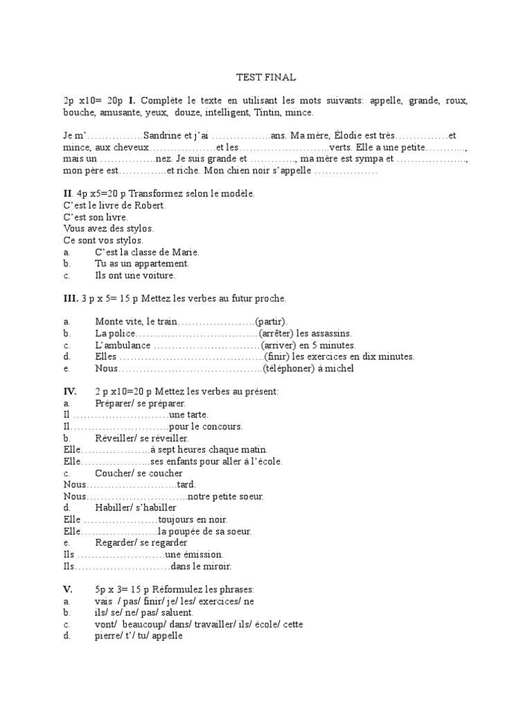 Test initial de limba franceza clasa 7 | PDF