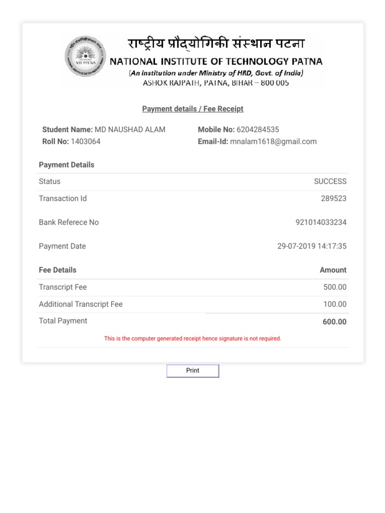 Transcript Fee Payment Receipt | PDF