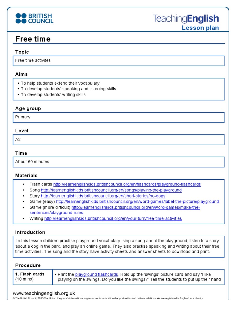 Free Time Activities Primary Level Lesson Plan | PDF | Lesson Plan |  Cognition