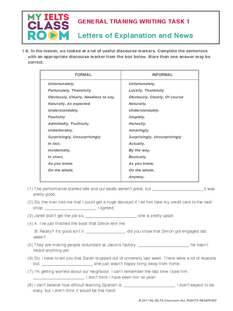 GT Writing Task 1. Letters of Explanation and News | PDF