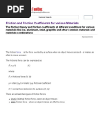Friction Coefficients of Common Materials | PDF | Friction | Steel