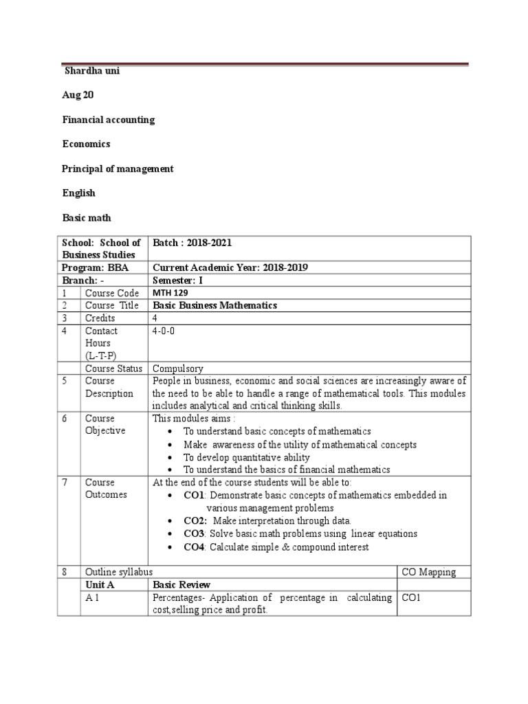 BBA Basic Business Mathematics Syllabus | PDF | Teaching Mathematics ...