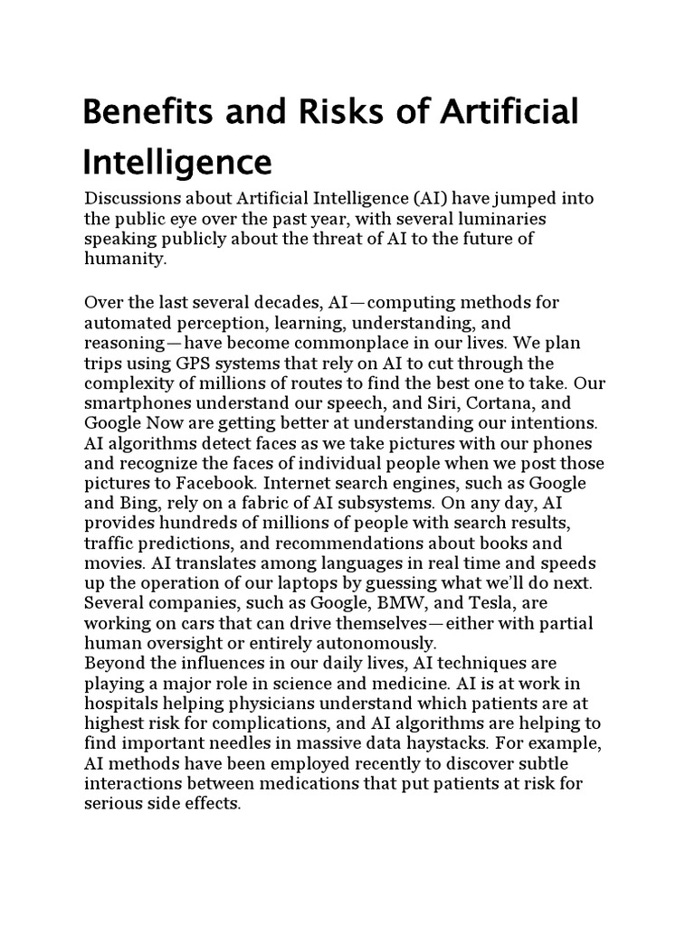 Benifits and Risks of AI | PDF | Artificial Intelligence | Intelligence ...