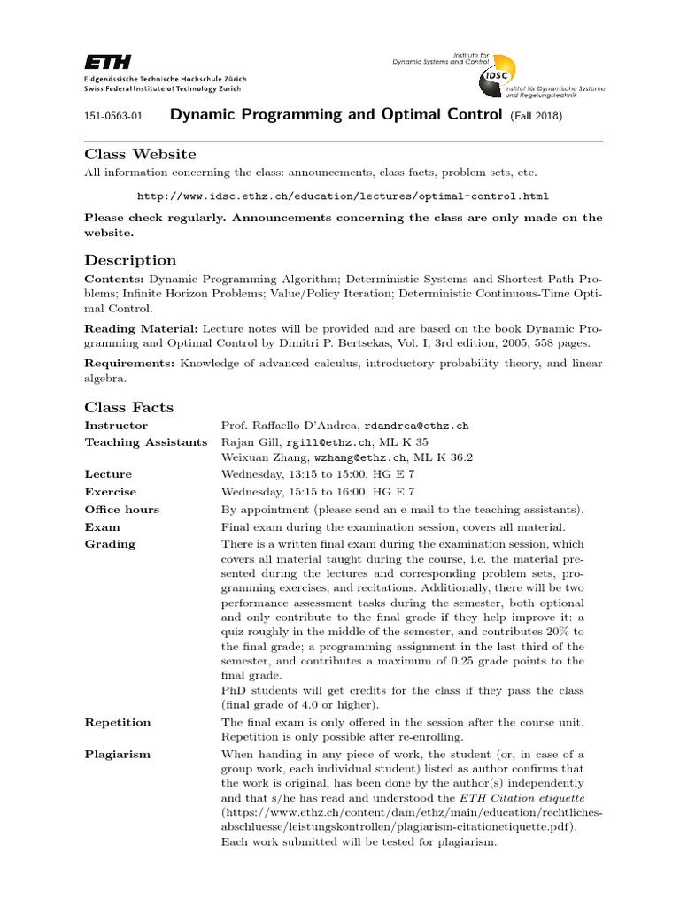 Dynamic Programming and Optimal Control Class Website: 151-0563-01 ...
