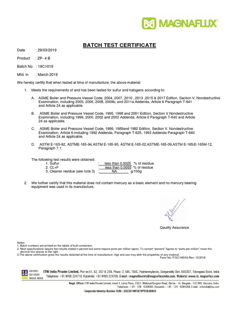 Batch Test Certificate: Date: 29/03/2019 Product: ZP-4 B Batch No ...