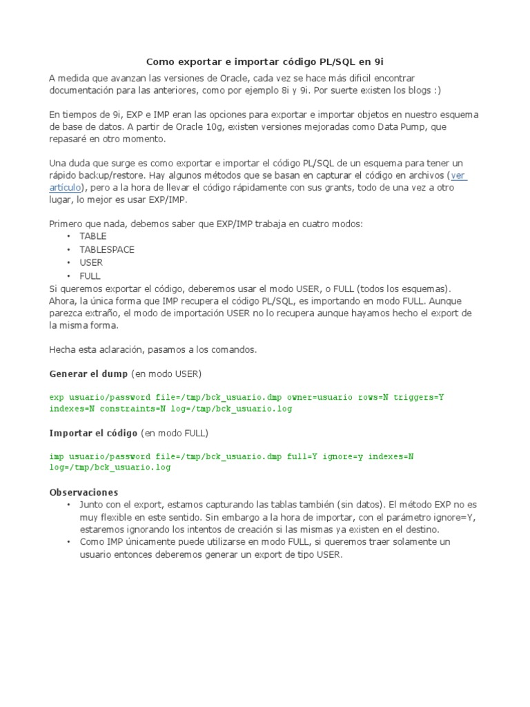 Importar y Exportar PL/SQL en Oracle 9i | PDF