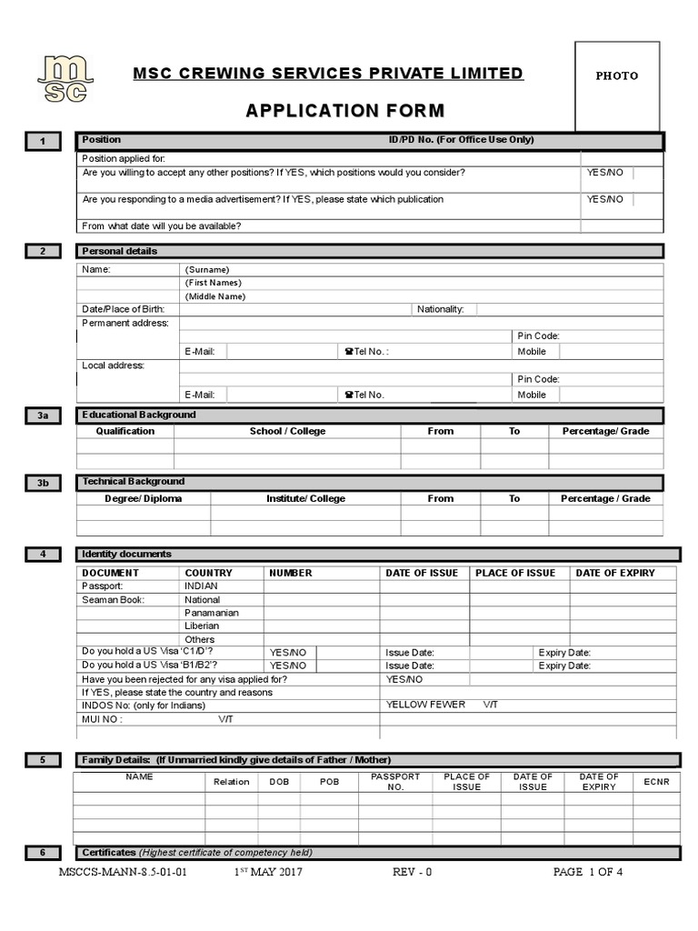 MSC CREWING SERVICES APPLICATION FORM | PDF | Identity Document