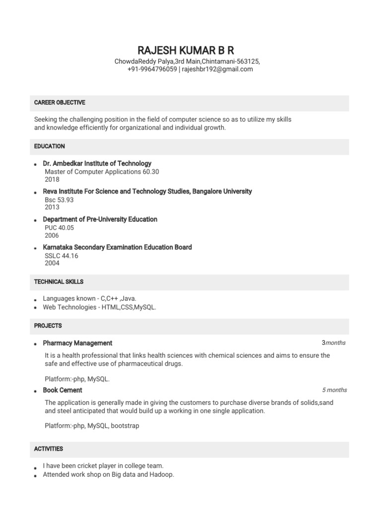 Rajesh Kumar B R - Computer Science Resume | PDF