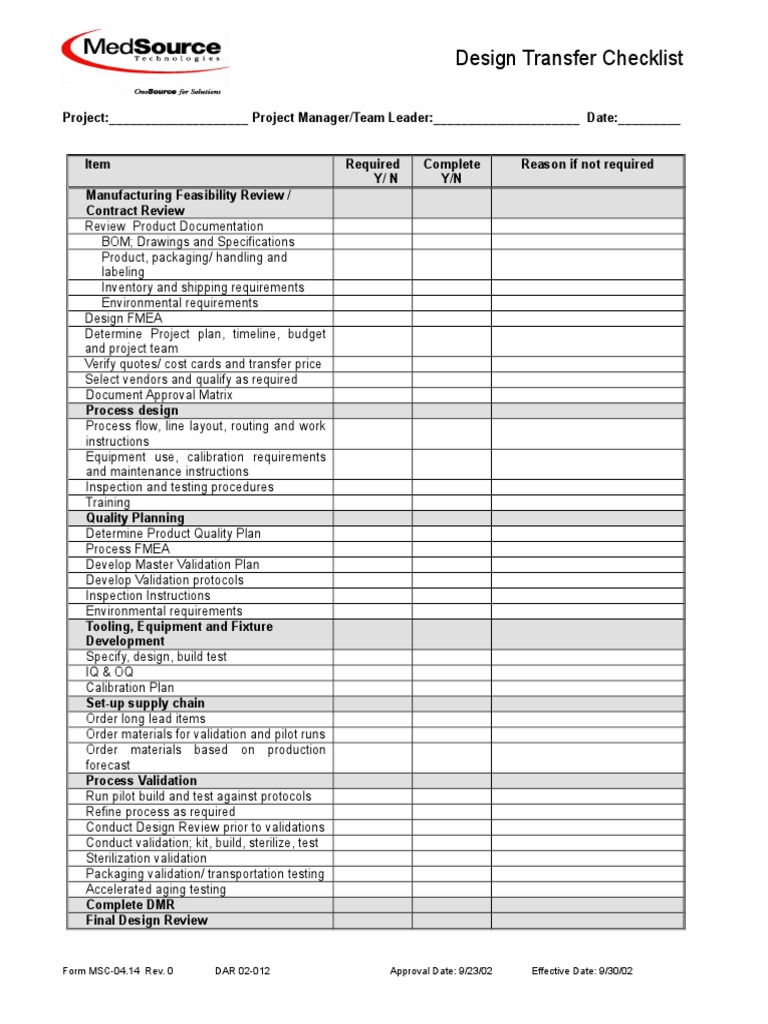 Design Transfer Checklist: Form MSC-04.14 Rev. 0 DAR 02-012 Approval ...