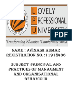 Name: Avinash Kumar Registration No.:11918436 Subject: Principal and Practices of Managment and Organisational Behaviour