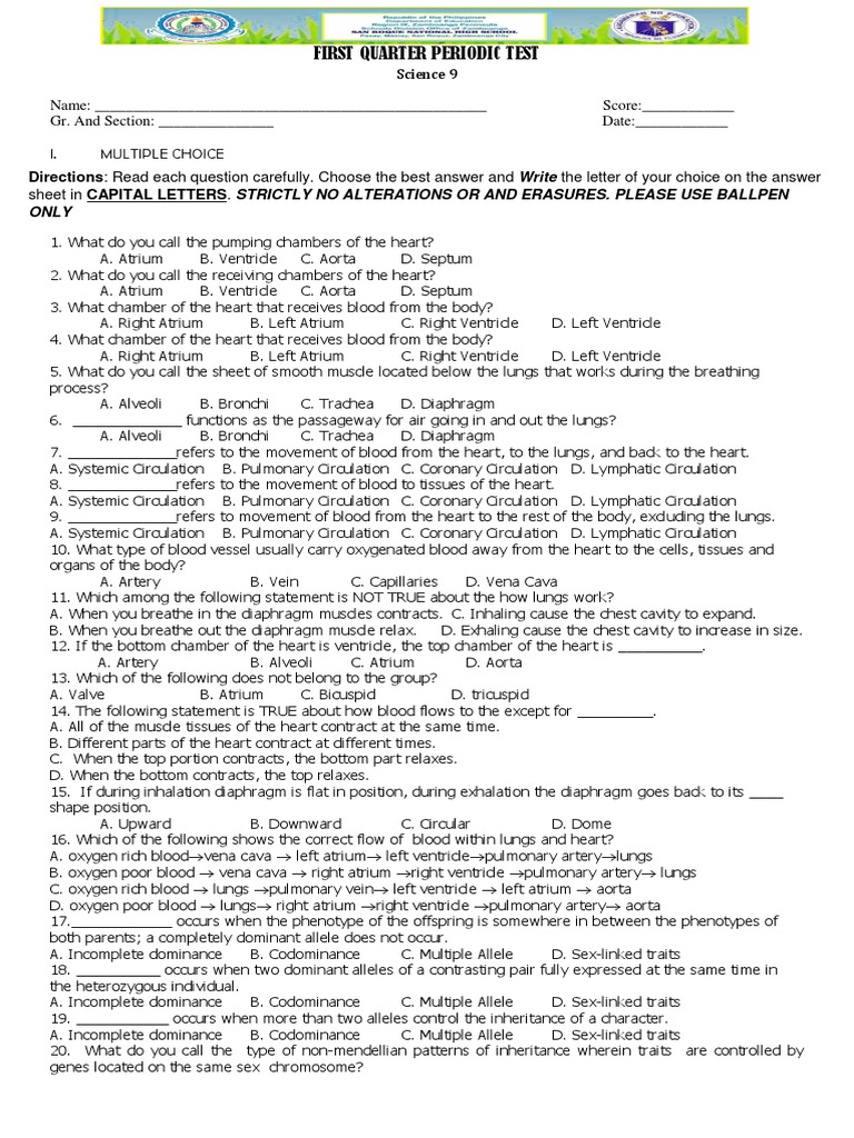 Science 9 First Quarter Test Questions | PDF | Circulatory System | Heart