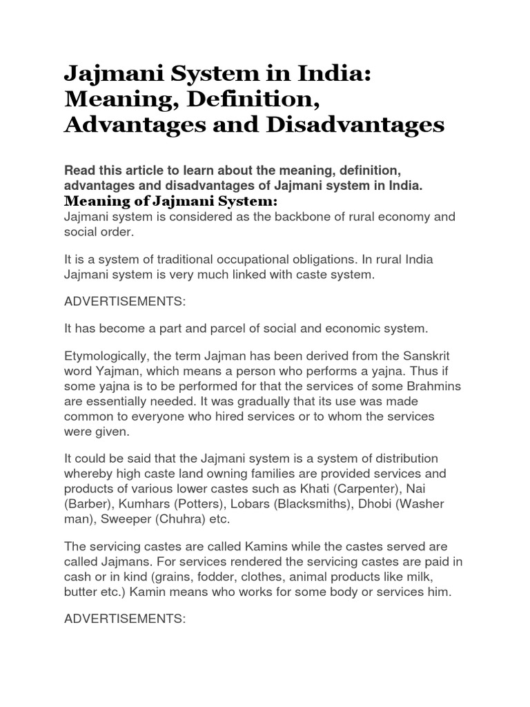 Jajmani System in India Meaning, Definition, Advantages and Disadvantages PDF Caste