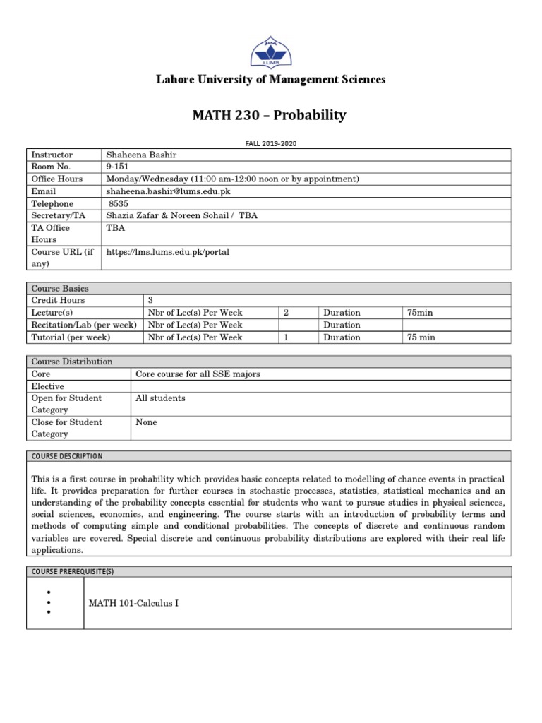 LUMS MATH 230: Probability Course Guide | PDF | Probability ...