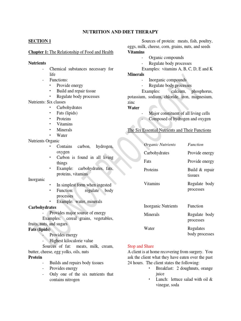 Nutrition and Diet Therapy Section 1 Chapter 1 The Relationship of