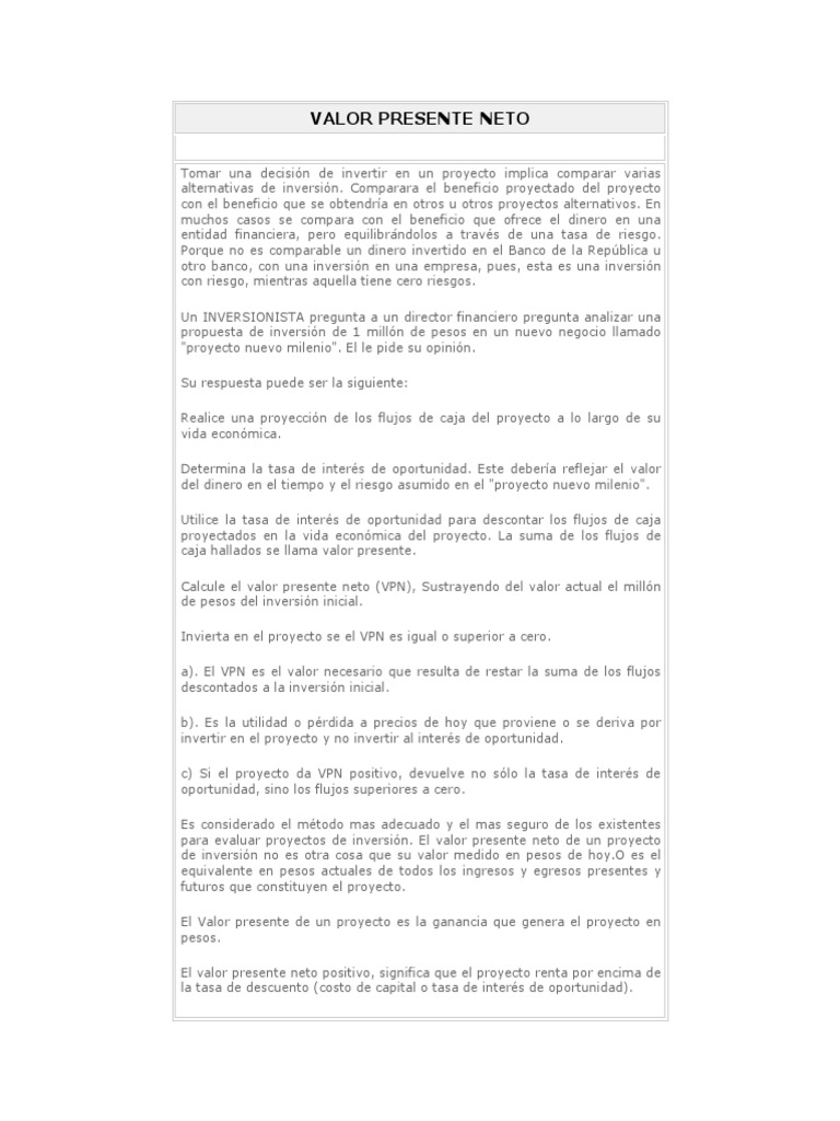 Valor Presente Neto en Inversiones | PDF | Valor presente neto | Tasas ...