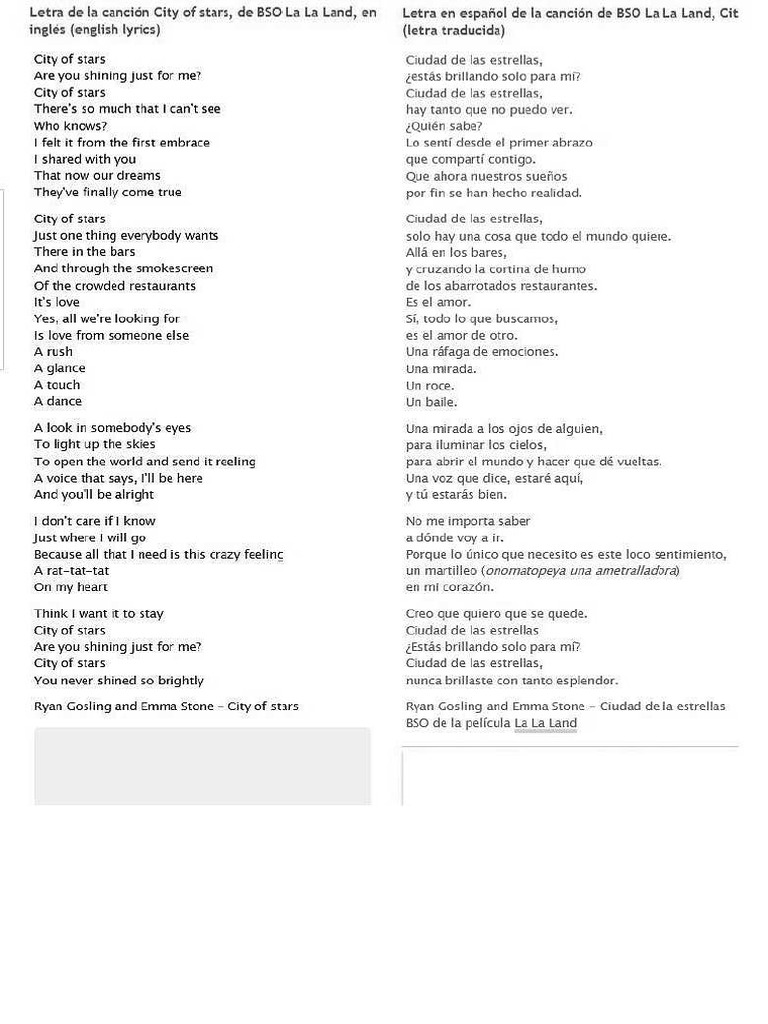 City of Stars - Letra y Traduccion | PDF