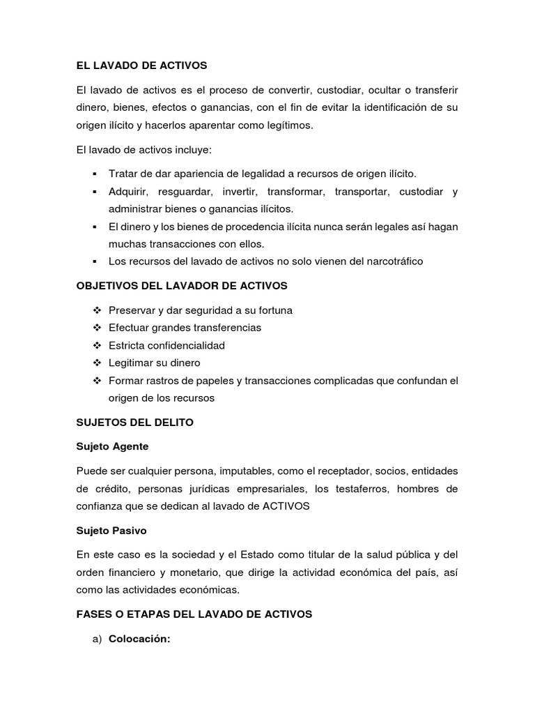 Proceso y Etapas del Lavado de Activos | PDF | Lavado de dinero | Bancos