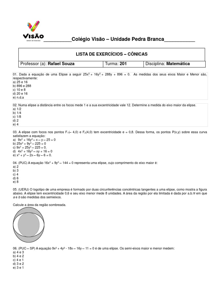 Excentricidade Da Elipse Exercicios Resolvidos