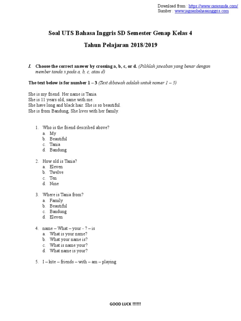 Soal Uts Bahasa Inggris Sd Semester Genap Kelas 4 Pdf Domestic Life
