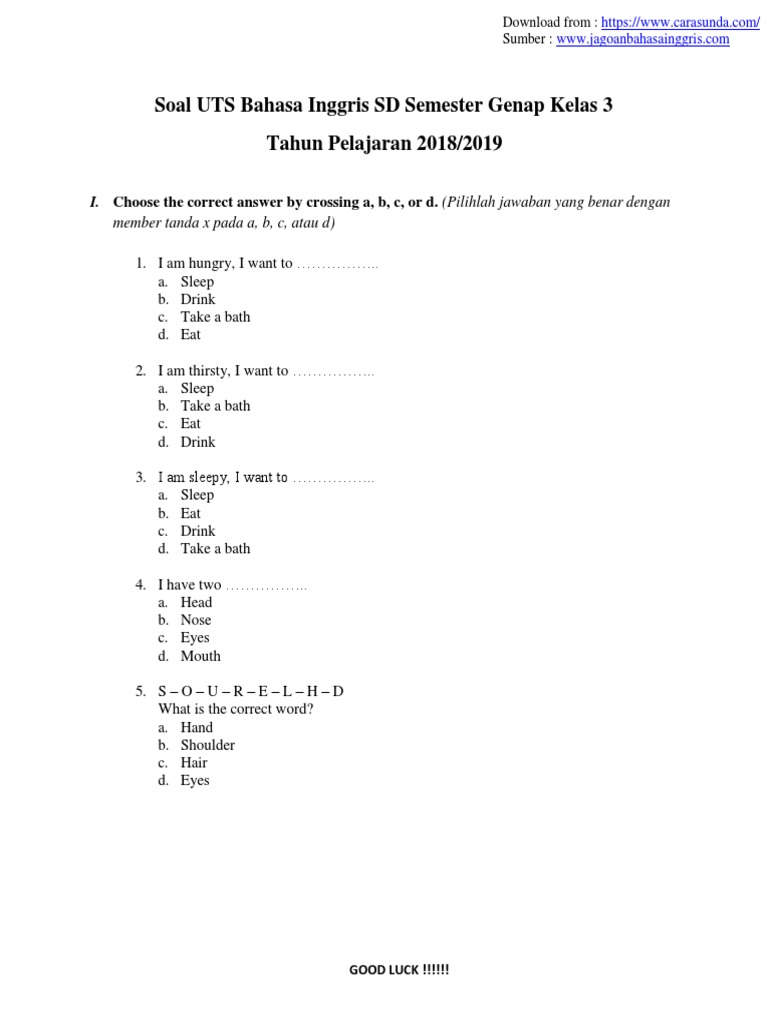 Soal Uts Bahasa Inggris Sd Semester Genap Kelas 3 Domestic Life Home