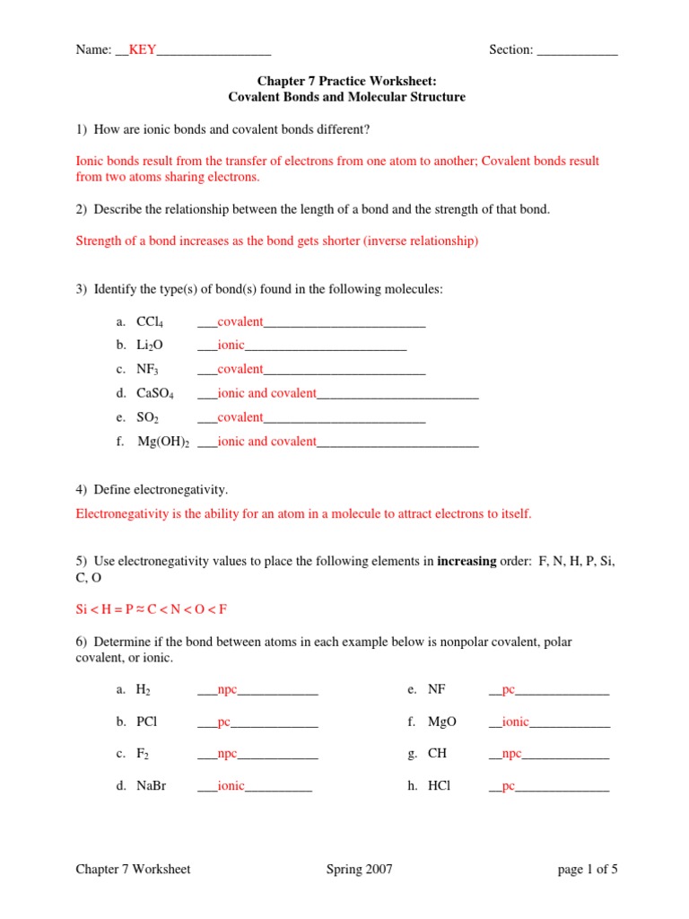 Chemistry Worksheet Covalent Bond Chemical Polarity