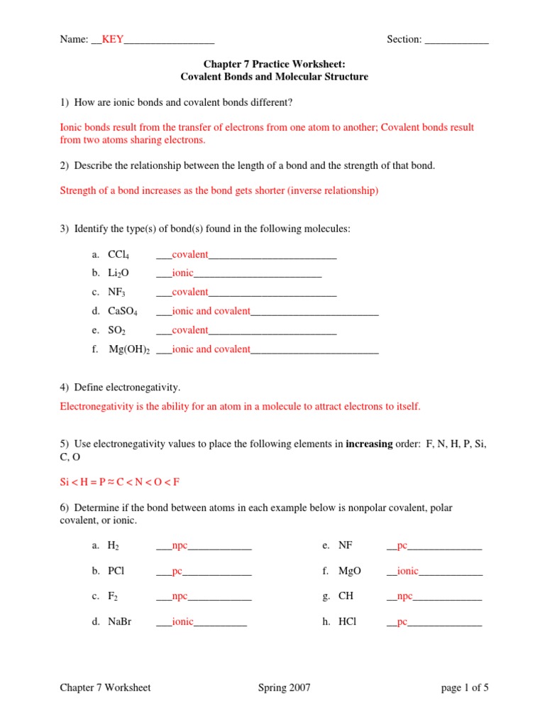 Chemistry Worksheet  Covalent Bond  Chemical Polarity With Worksheet Polarity Of Bonds Answers